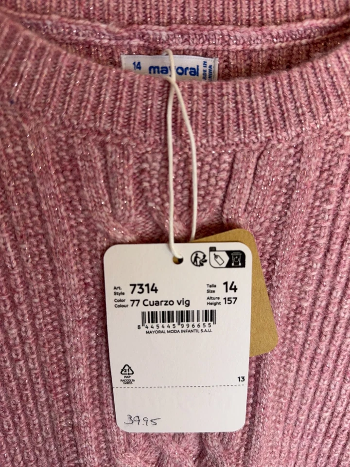 Nuevo con etiquetas Mayoral Niñas Rosa Suéter Chaleco Cable Tejido Brillo Talla 14 Corbatas Laterales Foto 2 de 4
