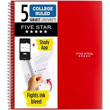 Five Star Spiral Notebook Study App, 5 Subject, 1 Count Pack of 1 , Red