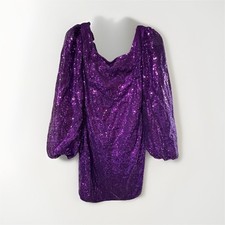 Purple Sequin Balloon Sleeve Scoop Neck Mini Party Dress