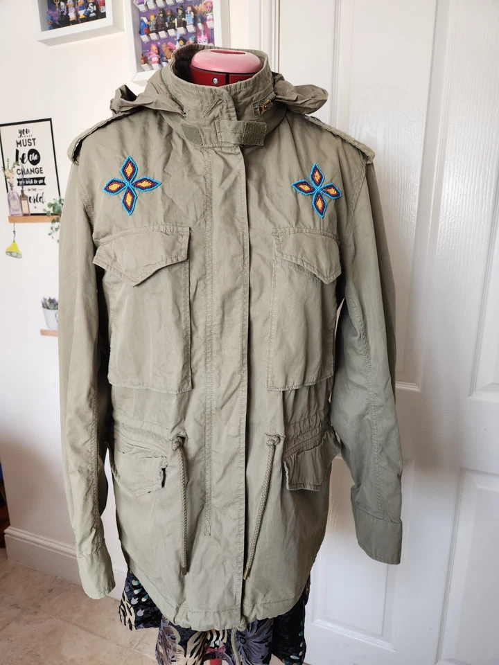 Denim Supply Ralph Lauren Women Military Jacket Khaki Green Beaded Boho Size S * - Image 1 of 4