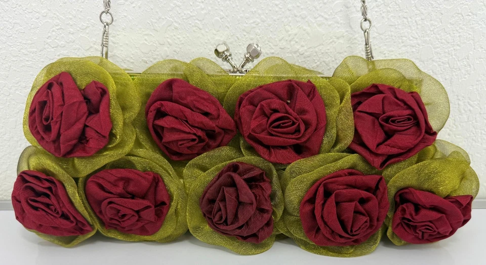 Stephanie Floral Evening Wedding Party Purse/Handbag 3D Roses satin cluth in red - Image 2 of 4