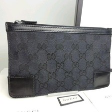 Auth GUCCI Gucci GG Canvas Black Pouch Cosmetic Case Leather Trim with Dust Bag