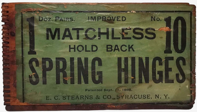 1888 E.C. STEARNS & CO. SYRACUSE N.Y SPRING HINGES  PAPER LABELED WOOD BOX