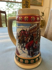 Budweiser Hometown Holiday 1994 Holiday Stein Collection Beer Mug Clydesdales