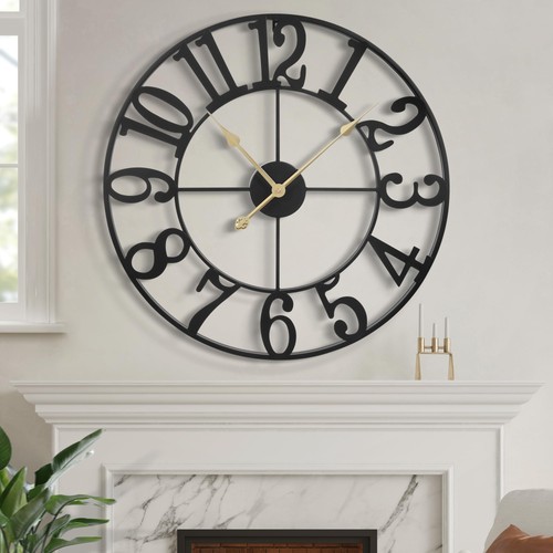 Modern Large Wall Clocks for Living Room, 40cm / 16" Round Black Metal - Picture 1 of 5