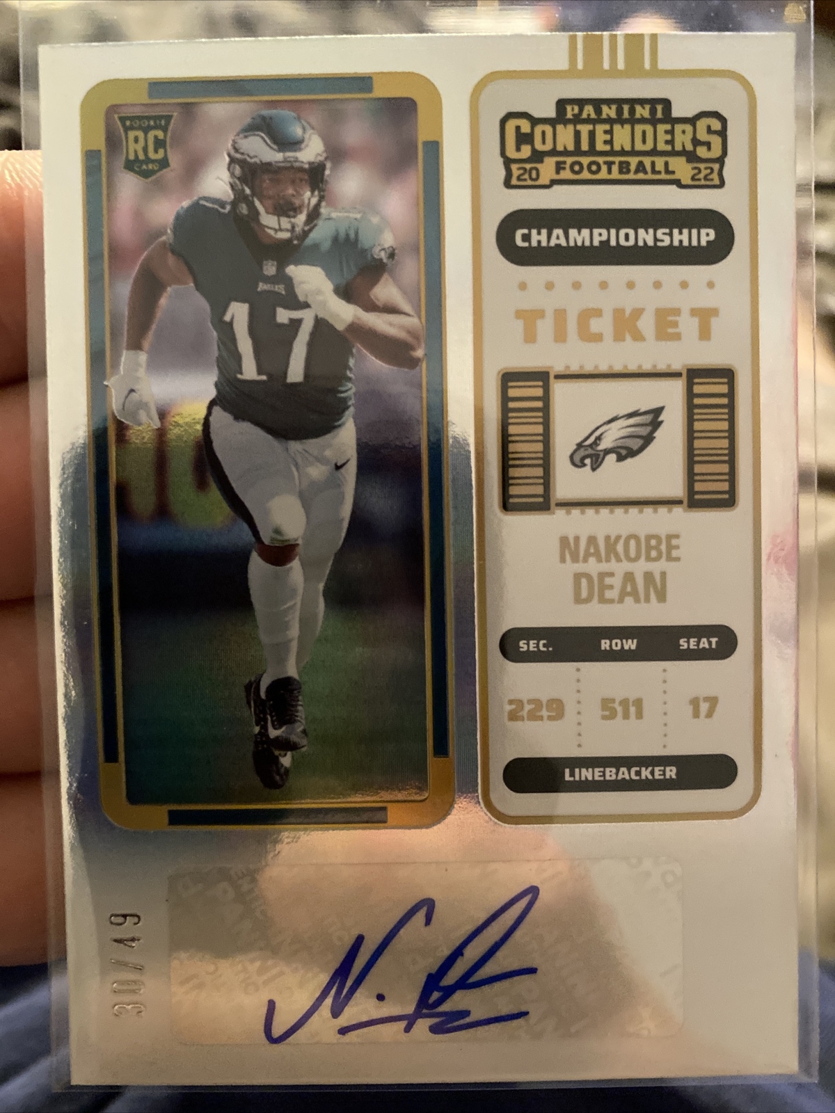 2022 Panini Contenders Nakobe Dean Rookie Championship Ticket Eagles Auto /49 RC