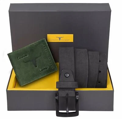 Combo Ensemble Neuf Homme Vert Cuir Couleur Bi-Pliable Portefeuille Et Gris Belt - Photo 1/4