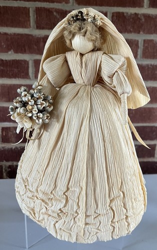 Corn Husk Shuck Doll Lady Bride Bouquet Veil Dress w Tag 10.5” Pamela Earp NC - Picture 7 of 13