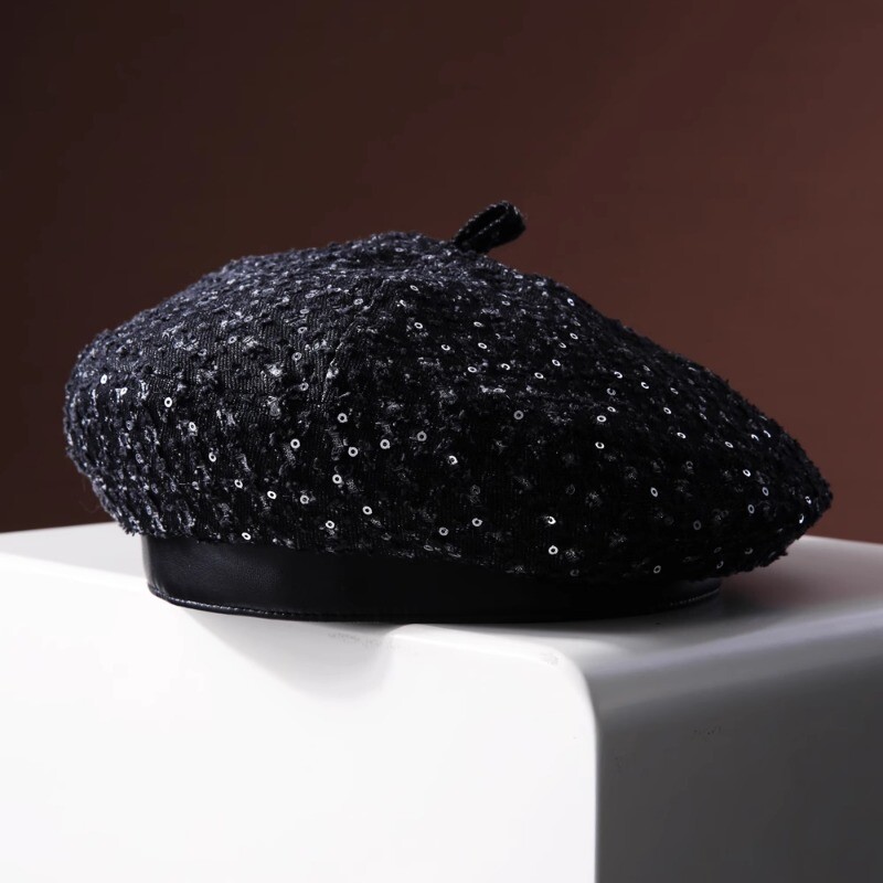 Lady Classic Sequin Denim Beret Hat PU Leather Brim Painter  display picture 3