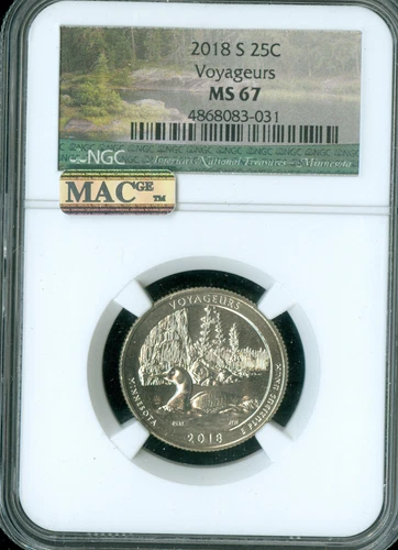 2018 S VOYAGEURS QUARTER NGC MS67 PQ 2ND FINEST GRADE MAC SPOTLESS .