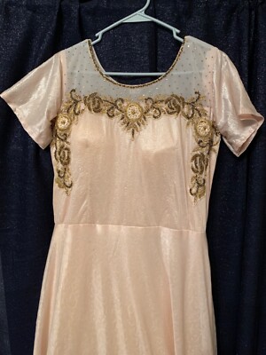 indian long gown wedding or party cream beige sequins, satin, removable sleeves