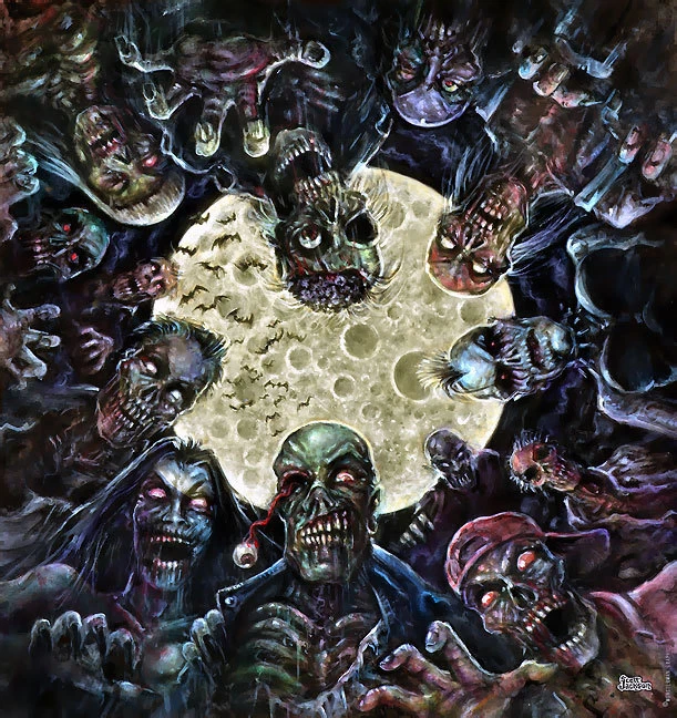 Horde of zombies approaching a house in a dark, apocalyptic setting