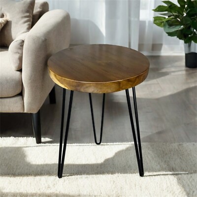 Natural Teak Wood Round End Side Table with Hairpin Legs 21'' H Home Decor