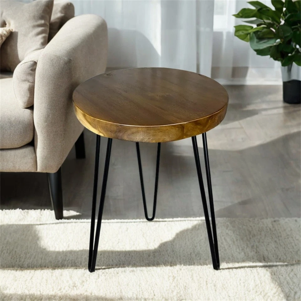 Natural Teak Wood Round End Side Table with Hairpin Legs 21" H Home Decor - Image 3 of 4
