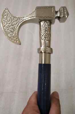Solid Pewter Bavarian Axe Handle Polished Hardwood Cane Walking Stick Warrior