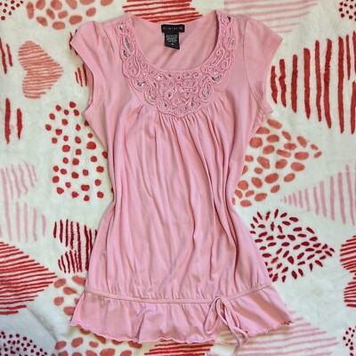 Y2K Pink Embroidered Sequin Top with Ruffled Hem Size Medium