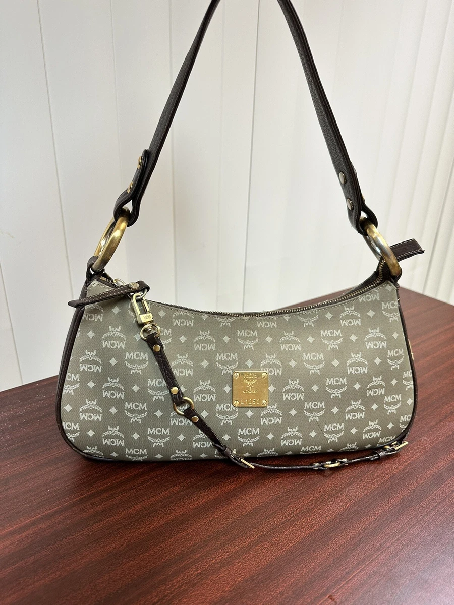 MCM Shoulder Bag Olive Green Vintage Leather Canvas Authentic