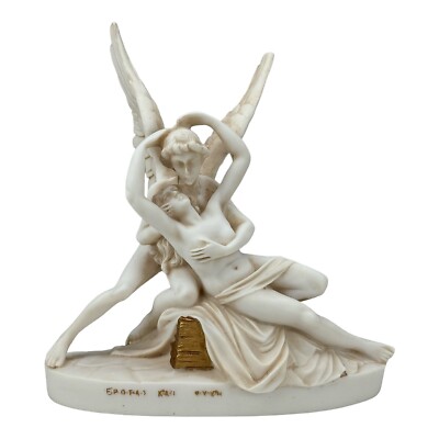 Amor & Psyche Guss Marmor Statue Gott Eros Liebe & Seele Skulptur Grau Patina