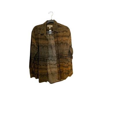 #ad Cabelas Mens Large Brown Southwestern Horse Print Long Sleeve Button Down Shirt $24.00