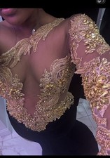 Gold Black Beaded Embroidered Mesh Velvet Long Formal Gown V-Neck Sheer Backless