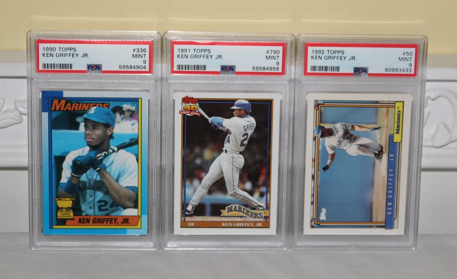 THREE (3) Cards 1990 Topps #336 1991 #790 1992 #50 KEN GRIFFEY Jr. PSA 9 MINT view 1