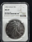 1992 1 Oz Silver American Eagle Bullion Coin (NGC Certified MS69)