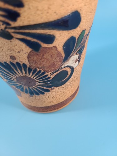 Mexikanische Keramik Vase Tonala Stil Mexiko Volkskunst Sandstein blau Vogel und Blume - Bild 3 von 8