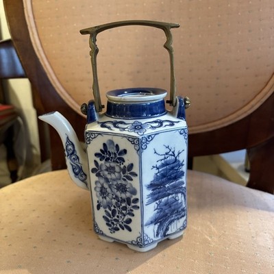 Asian Hand Painted Blue & White Porcelain Teapot Hexagonal w/ Brass Handle