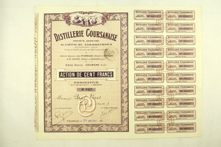 SOCIETE DISTILLERIE COURSANAISE ACTION DE 100 FRANCS COURSAN 1922 COUPONS