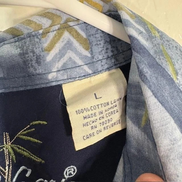 竹制 Cay 衬衫男式大号蓝色夏威夷纽扣前热带印花棉 — 第 4/4 张图片