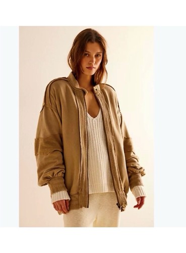 We The Free People Lou Moto Sweatshirt Jacket Size Medium Oversized Olive