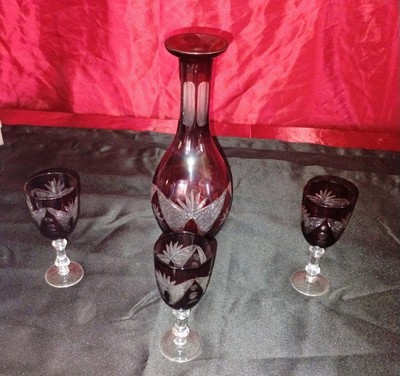Vintage Ruby Red Decanter With 3 Glasses And 2 Xtra Ruby Red Wine Glasses