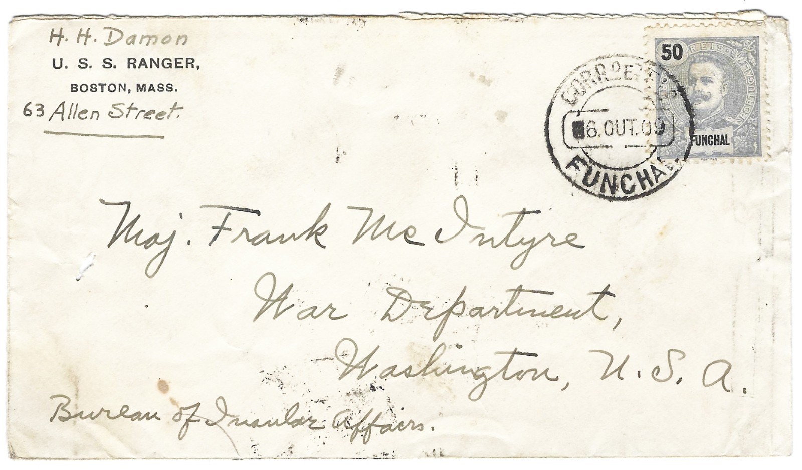 1909 Funchal 50r ultramarine (#22) on USS Ranger imprint cover to US War Dept
