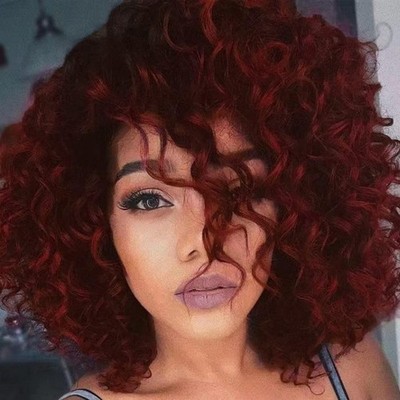 Frauen Wein Rot Lockige Perücken Afro Burgund Bouncy Fluffy Wellige Haar Perü...
