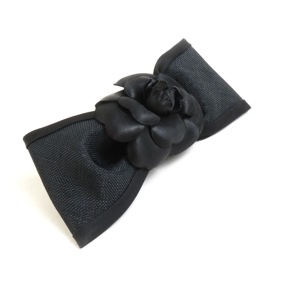 Auth CHANEL Camellia Ribbon Barrette Hair Clip Black Satin/Nylon - h30327f - Image 3 of 4