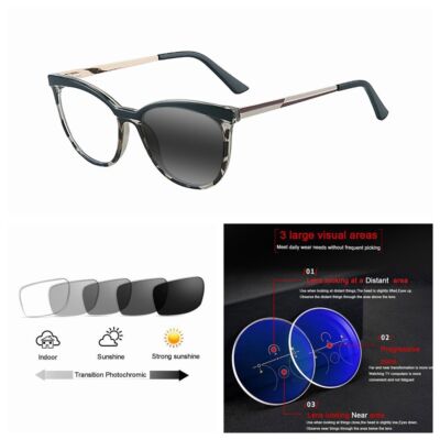 Multifocal Progressive Women Cat Eye Metal Transition Photochromic Reading Glass