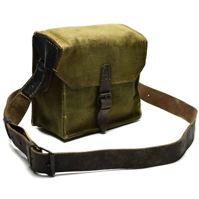 Genuine French shoulder bag army canvas leather olive OD magazine
