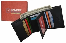 Swiss Marshall Mens RFID Blocking Premium Leather Classic Trifold Wallet Gift Bo