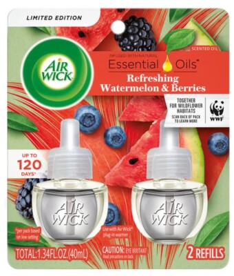 Air Wick Plug-In Essential Oil Refill, Refreshing Watermelon & Berries, 2 Pack