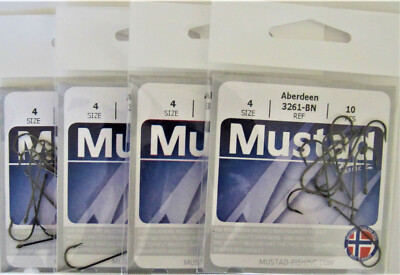 Four Packs (10 Hooks per Pack) Mustad 3261-BN Fish Hooks Aberdeen Size 4