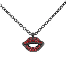 Black Plated Lips Necklace, Red Crystals Bold Glam Rock Style stainless steel