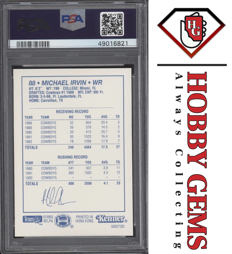 MICHAEL IRVIN PSA 9 1993 Kenner Starting Lineup Portrait Dallas Cowboys Low Pop - Image 2 of 2