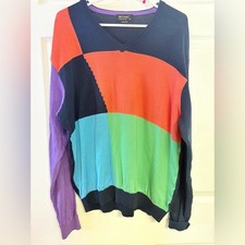 Vtg St. Croix Geometric Sweater Mens L - 80s Colorblock V-Neck - Made in USA