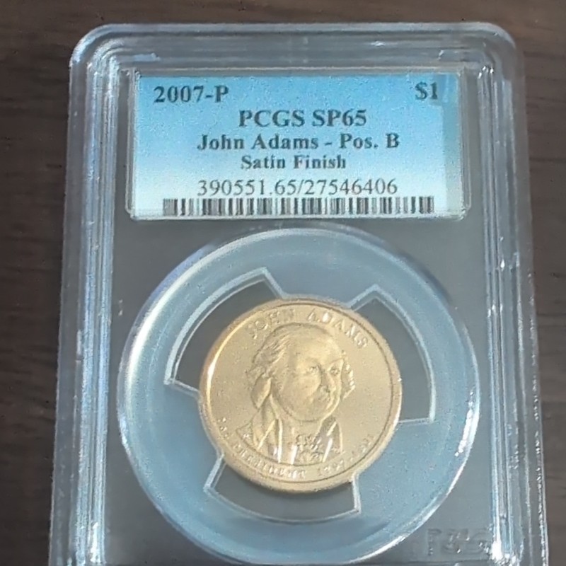 2007-P Philadelphia $1 Presidential Dollar John Adams Position B Satin PCGS SP65