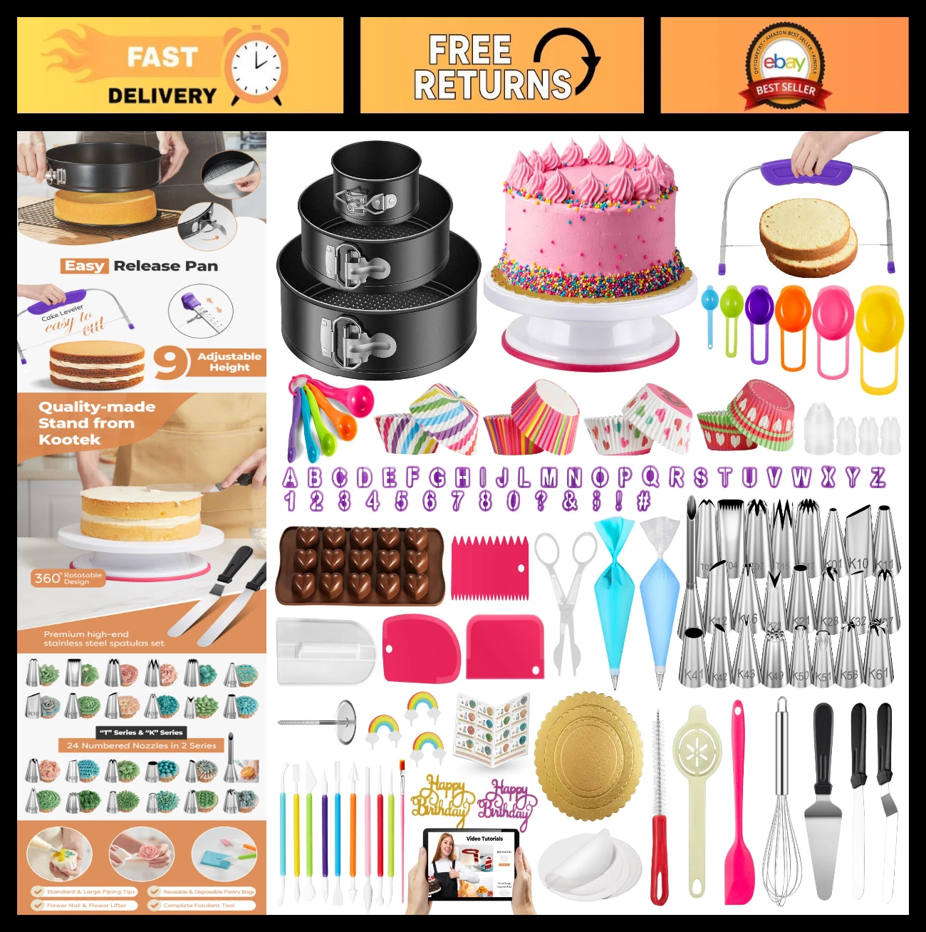 700pcs Cake Decorating Kit - Baking Supplies, Springform Pans, Turntable, Piping
