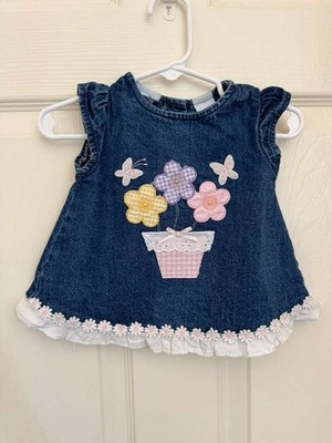 Miniwear Baby Girl Denim Dress 0-3 Months Floral Applique Blue