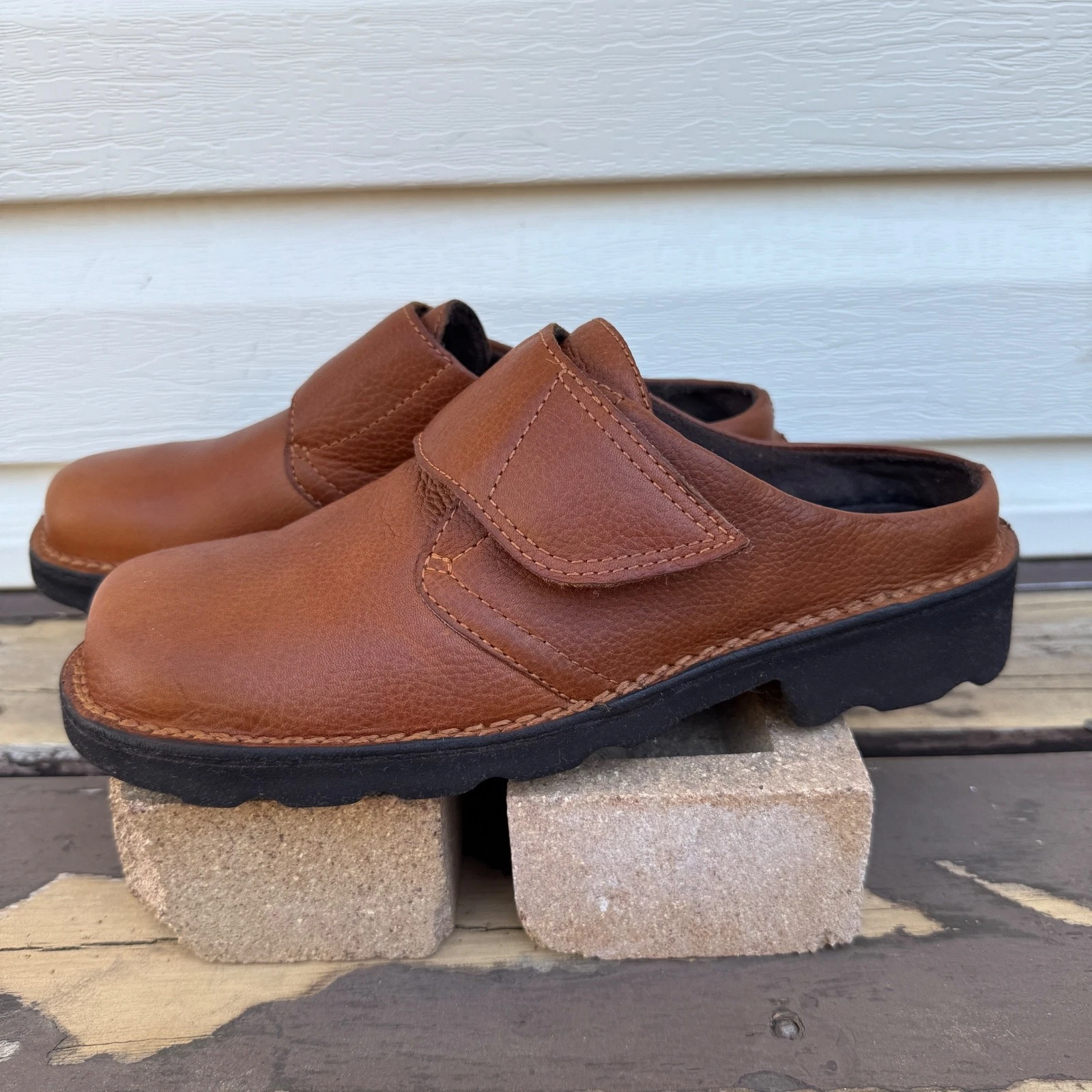 Natural Sport Brown Leather Slip On Clog Shoes Comfortable Slides Cottagecore