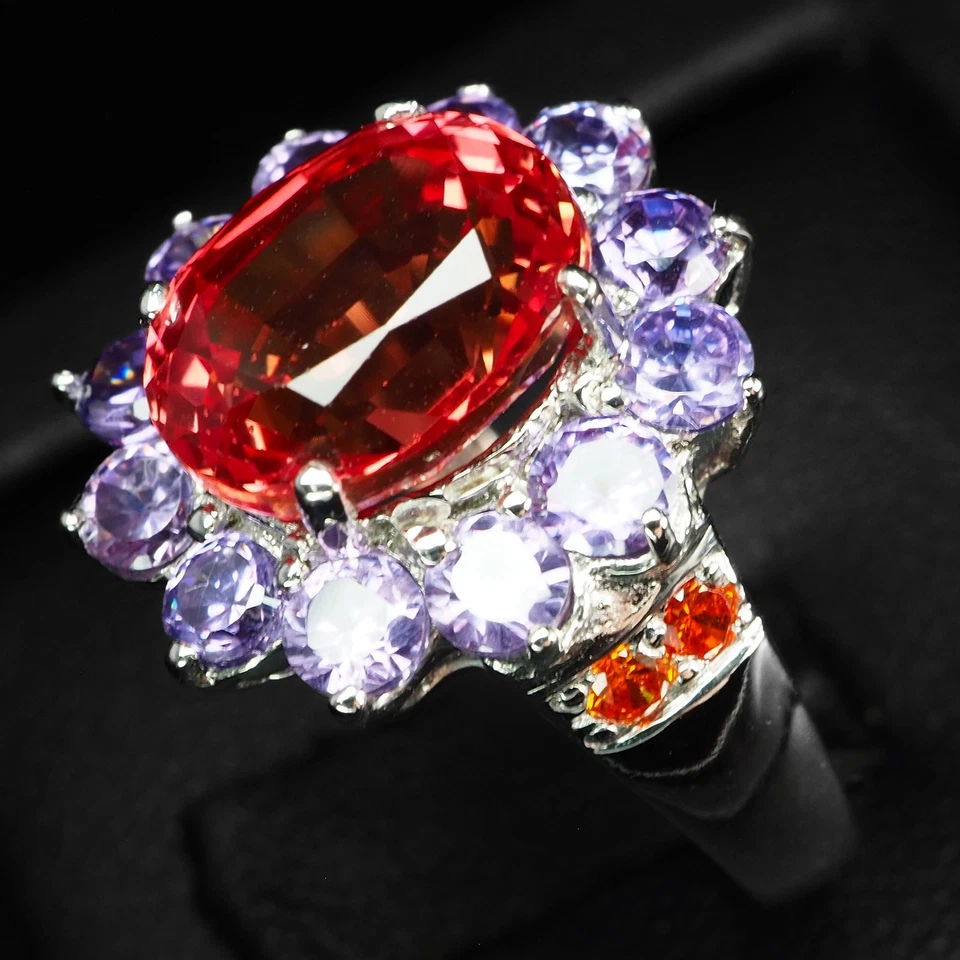 Anillos de oro blanco de plata de ley 925 con zafiro Padparadscha rosa radiante de 4,70 quilates Foto 4 de 4