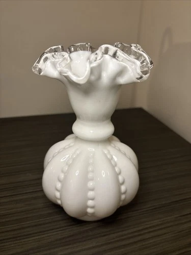 Fenton Milk Glass Silver Crest Double Crimped Beaded Melon Vase 6-1/4” Tall