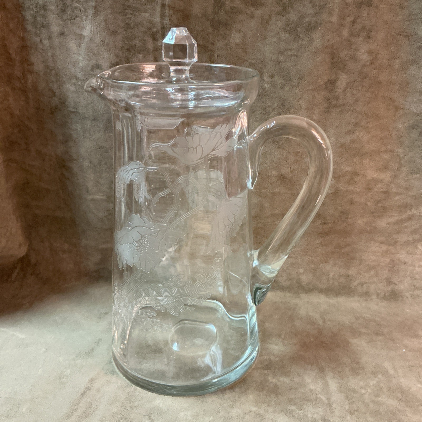 Rare 1920s Tiffin glass Poppy etched clear water pitcher